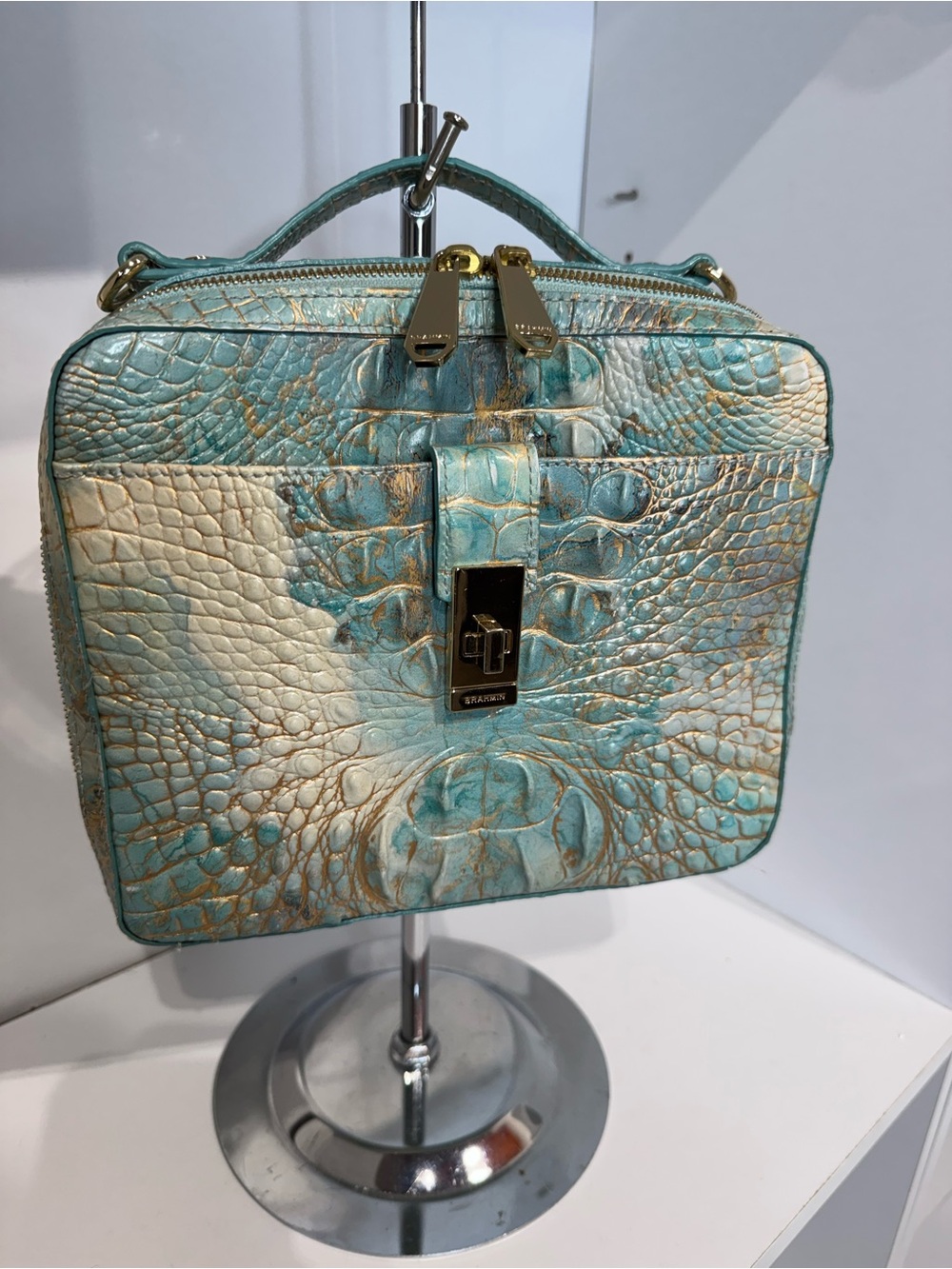 Brahmin evie Turquoise and Cream Croc-Embossed Crossbody
